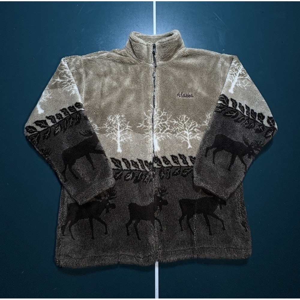 Vintage Black Mountain Outdoor Fleece Jacket Men's Medium Brown Moose Alaska USA
